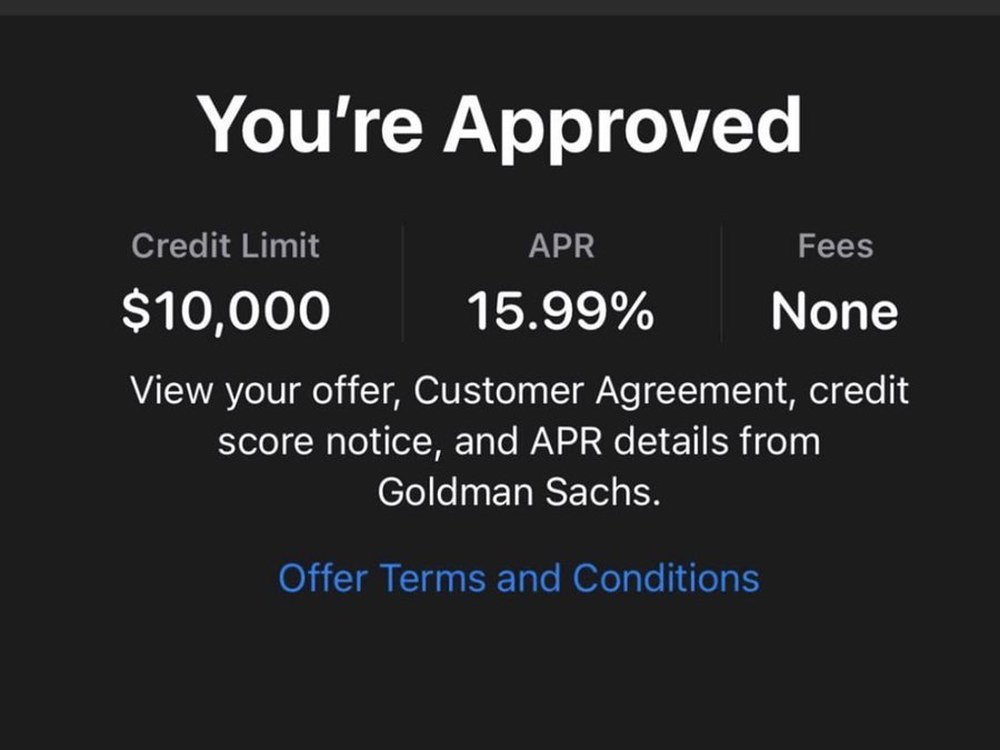 Apple Card approval reading "You're Approved — Credit Limit $10,000."